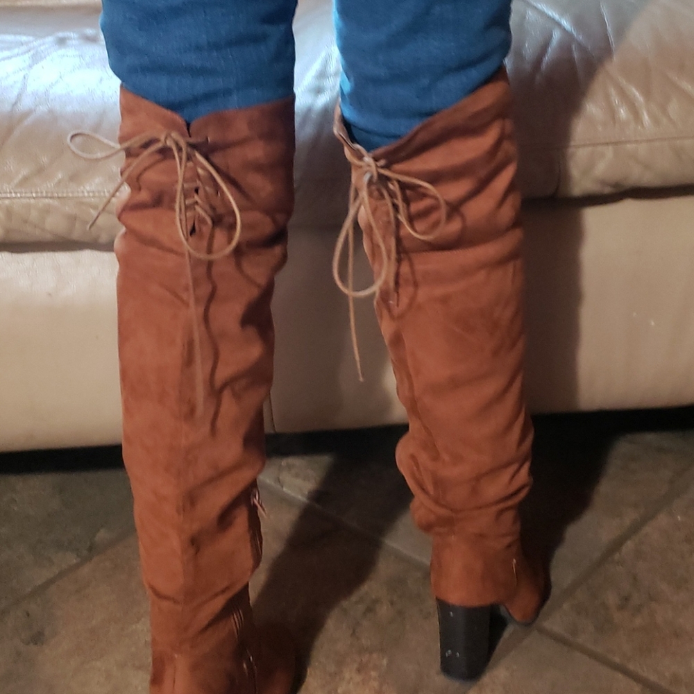 Western Women brown suede knee high boot size 8.5 square heel - Picture 11 of 11